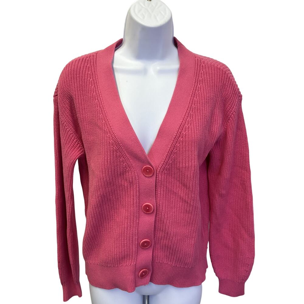 💗 Talbots US S Womens Pink Ribbed Knit V Neck Cardigan Sweater Classic Prep